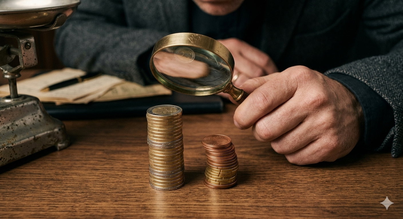 Primo piano di un uomo in abito scuro che tiene una lente d'ingrandimento sopra due pile di monete di Euro.